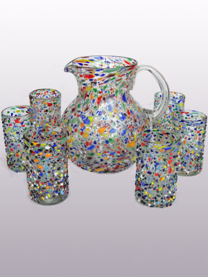 Sale Items / Large 120 oz Confetti Rocks Pitcher & 6 Drinking Glasses Set / Each set of 'confetti rocks' pitcher and glasses is a work of art by itself. They are decorated with tiny multicolor glass rocks, making each set unique.